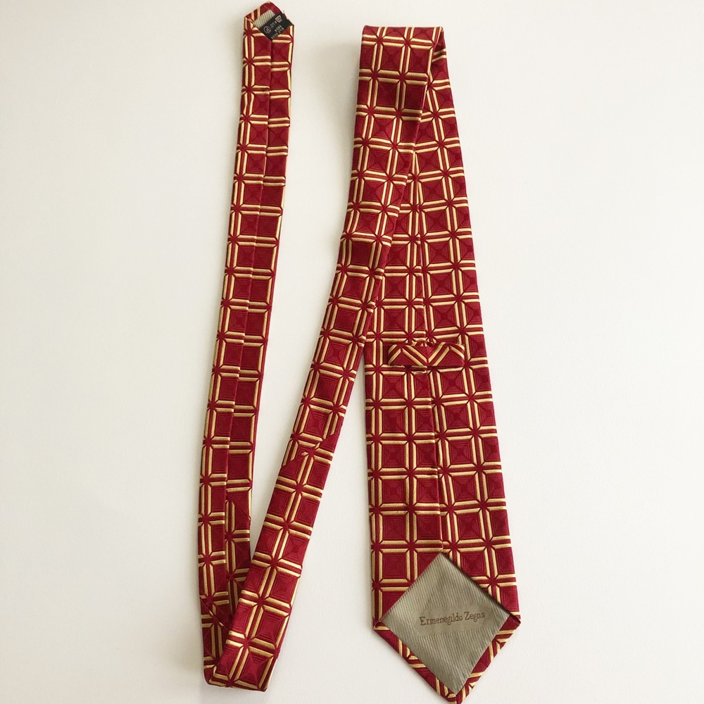 Ermenegildo Zegna Woven Silk Necktie TIE Red With Gold Squares Made in Italy - Picture 3 of 8